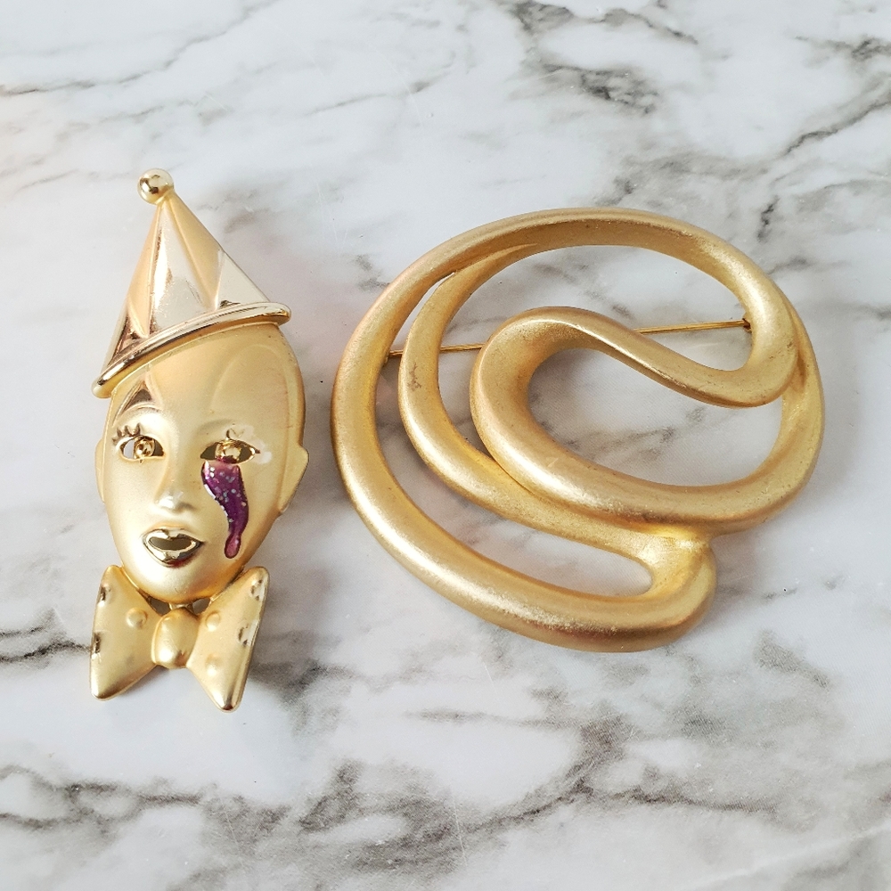 2 Gold Clown & Abstract Broochs